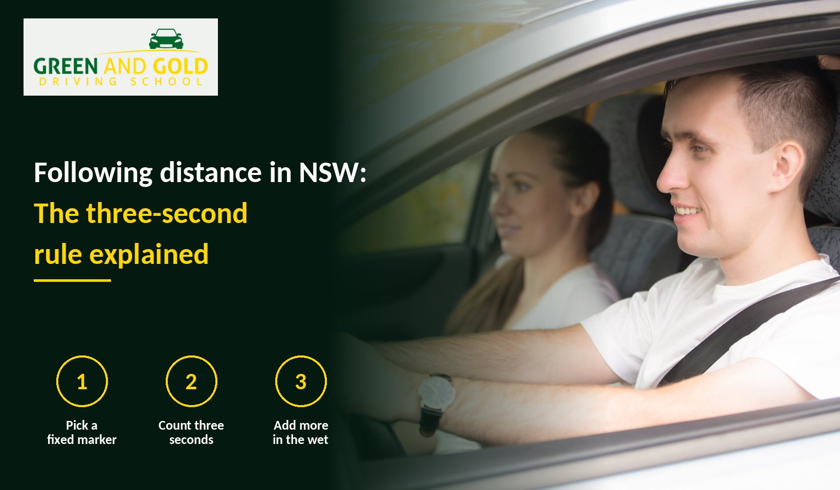 Learner driver and instructor in a car, illustrating safe following distance in NSW